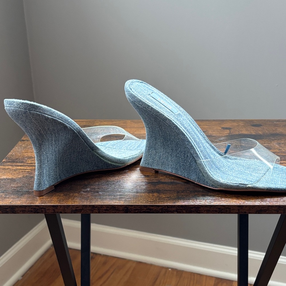 Mango Light Blue Denim Wedge Sandals with Clear Strap - Picture 7 of 9